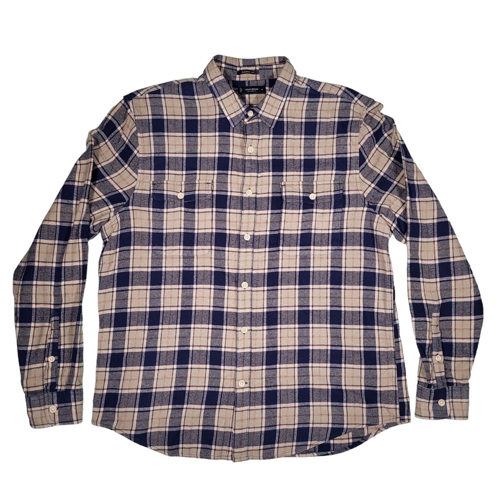 Lucky Brand Flannel Shirt Mens XL Classic Fit Blue Plaid Long Sleeve Button Up